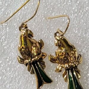 Vintage Gold-Tone Parrot Drop Earrings with Green Tail